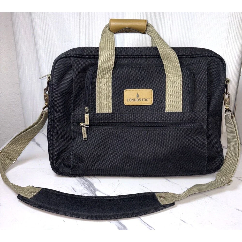 London Fog Black Laptop Briefcase Messenger Bag Expandable Travel